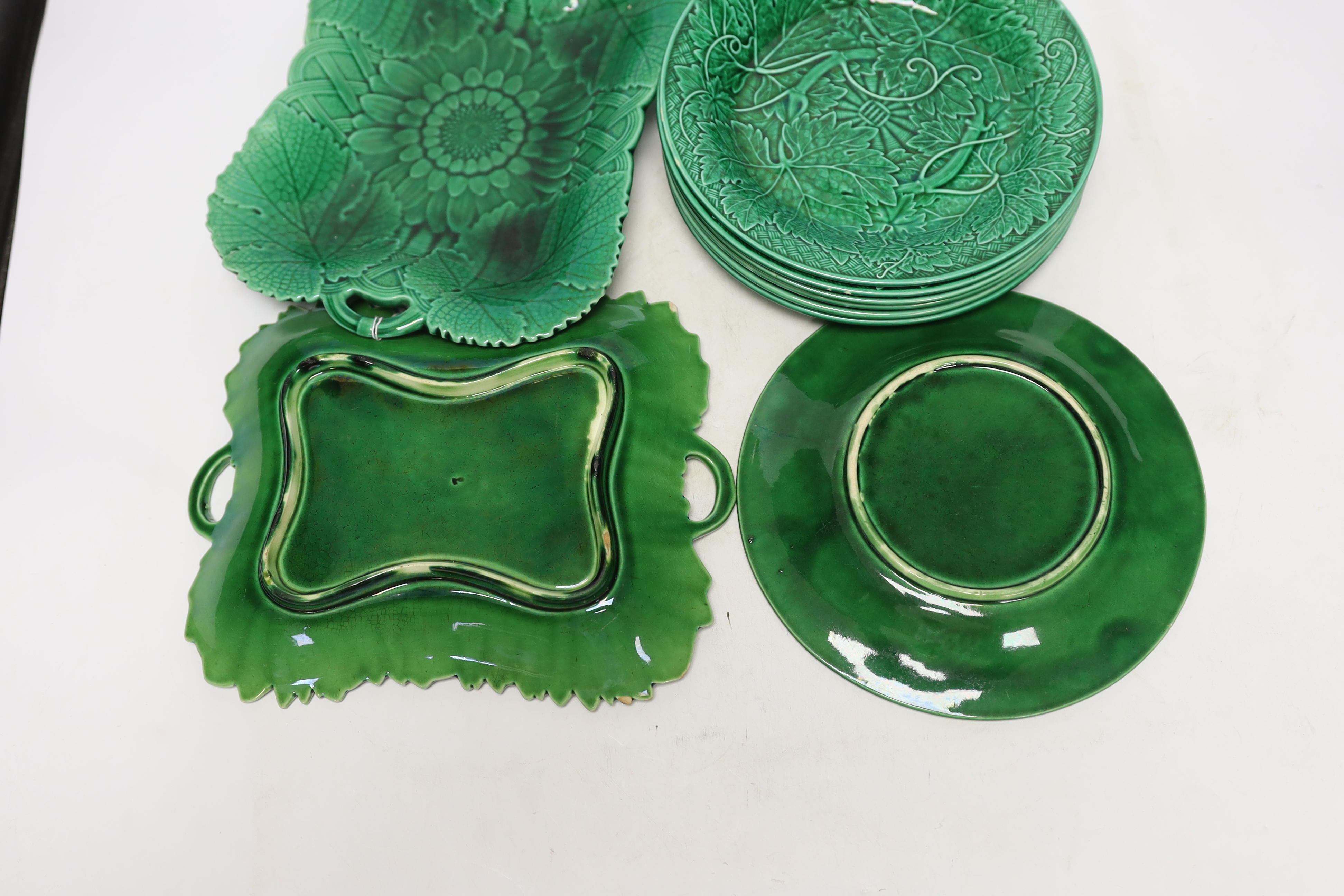 Nine pieces of Victorian cabbage ware green glazed majolica dessert plates and dishes, mostly Wedgwood